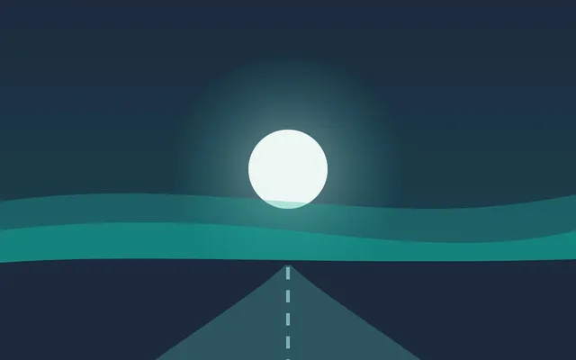 Ilustración de un camino que avanza entre colinas hacia la luz del amanecer